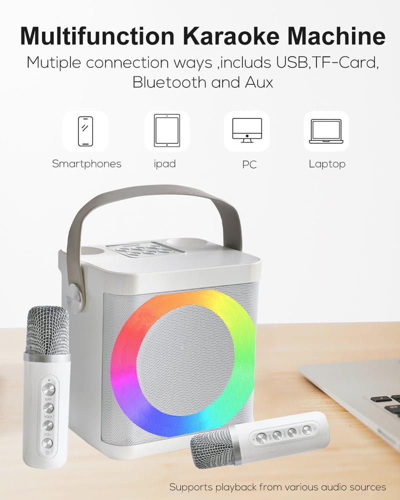 MUMUWIND Hordozható Karaoke Rendszer 2 Mikrofonnal, Bluetooth Karaoke Szett LED Fényekkel