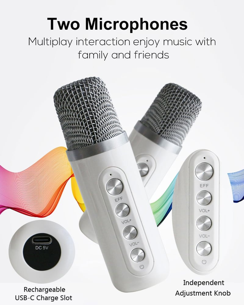 MUMUWIND Hordozható Karaoke Rendszer 2 Mikrofonnal, Bluetooth Karaoke Szett LED Fényekkel