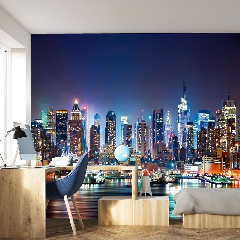 murimage Fotótapéta New York Manhattan Éjszakai Panoráma 366x254cm Ragasztóval Hálószoba Nappali Iroda Fali Dekoráció