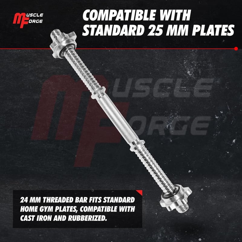 MuscleForge Egykezes Súlyzórúd 45 cm - Csavaros Rögzítővel, 25 mm Kompatibilis, Recézett Acél Fogantyú, 250 kg Teherbírás, Otthoni Edzéshez