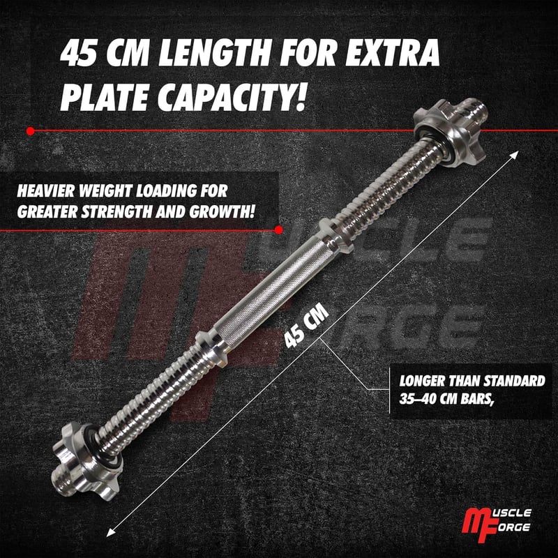 MuscleForge Egykezes Súlyzórúd 45 cm - Csavaros Rögzítővel, 25 mm Kompatibilis, Recézett Acél Fogantyú, 250 kg Teherbírás, Otthoni Edzéshez