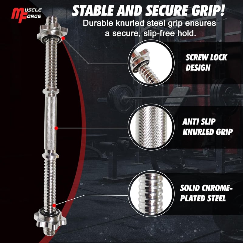 MuscleForge Egykezes Súlyzórúd 45 cm - Csavaros Rögzítővel, 25 mm Kompatibilis, Recézett Acél Fogantyú, 250 kg Teherbírás, Otthoni Edzéshez