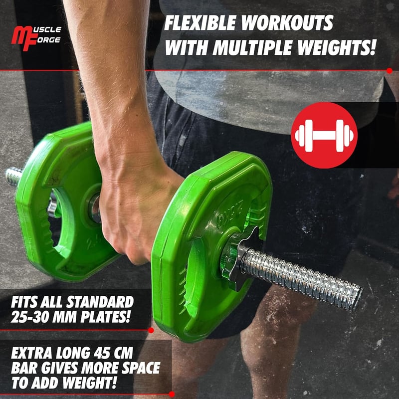 MuscleForge Egykezes Súlyzórúd 45 cm - Csavaros Rögzítővel, 25 mm Kompatibilis, Recézett Acél Fogantyú, 250 kg Teherbírás, Otthoni Edzéshez