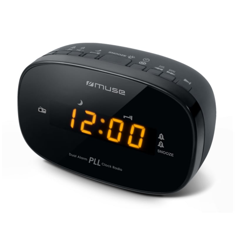 Rádiobudík Muse M-150-CR PLL FM čierny – duálny budík, funkcia odloženého budenia, stmievateľný LED displej, 20 pamäťových miest