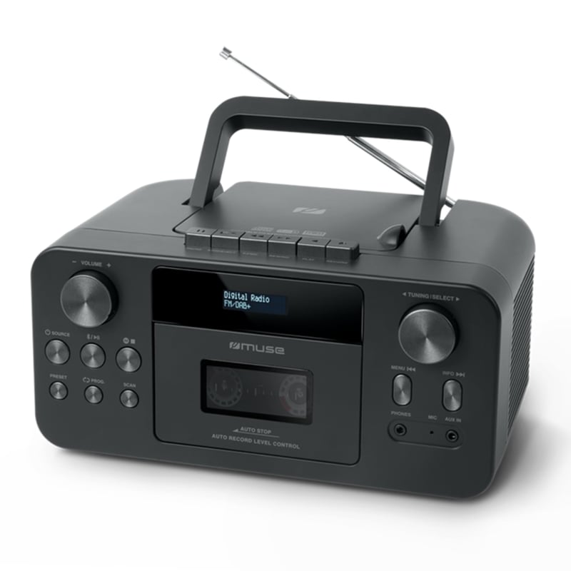 Prenosné rádio MUSE M-182DB s DAB+, Bluetooth, CD prehrávačom, kazetovým prehrávačom, FM, vstupom na slúchadlá, AUX-In, LCD displejom, čierne