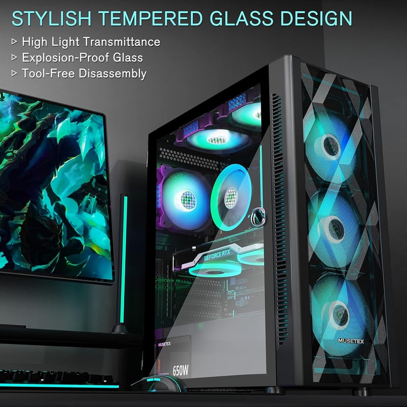 MUSETEX ATX Mid-Tower Gaming PC ház 6 ARGB ventilátorral, üvegpanellel