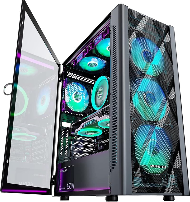 MUSETEX ATX Mid-Tower Gaming PC ház 6 ARGB ventilátorral, üvegpanellel