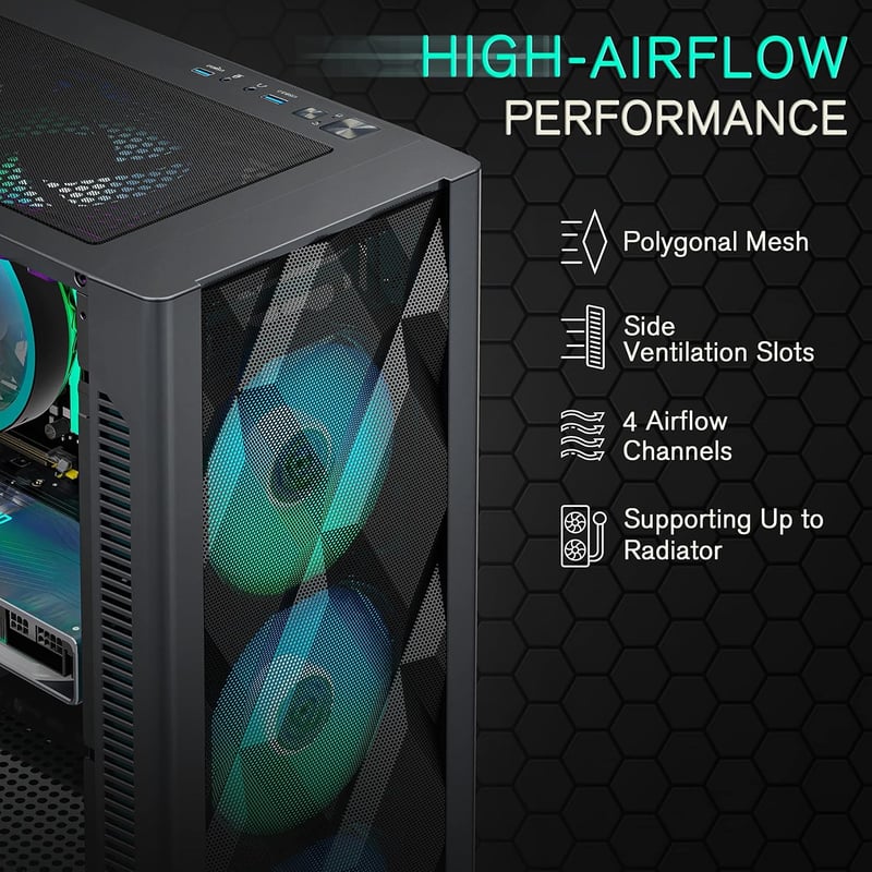 MUSETEX ATX Mid-Tower Gaming PC ház 6 ARGB ventilátorral, üvegpanellel