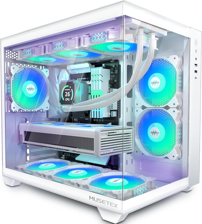MUSETEX Y6 ATX Gamer Ház 360mm, 6 ARGB Ventilátor, Üveg Oldal, Type-C, Fehér