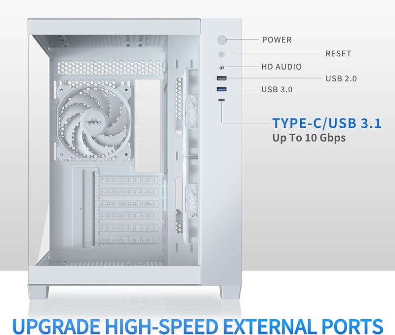MUSETEX Y6 ATX Gamer Ház 360mm, 6 ARGB Ventilátor, Üveg Oldal, Type-C, Fehér