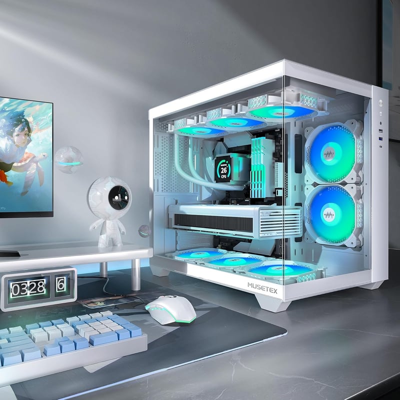 MUSETEX Y6 ATX Gamer Ház 360mm, 6 ARGB Ventilátor, Üveg Oldal, Type-C, Fehér