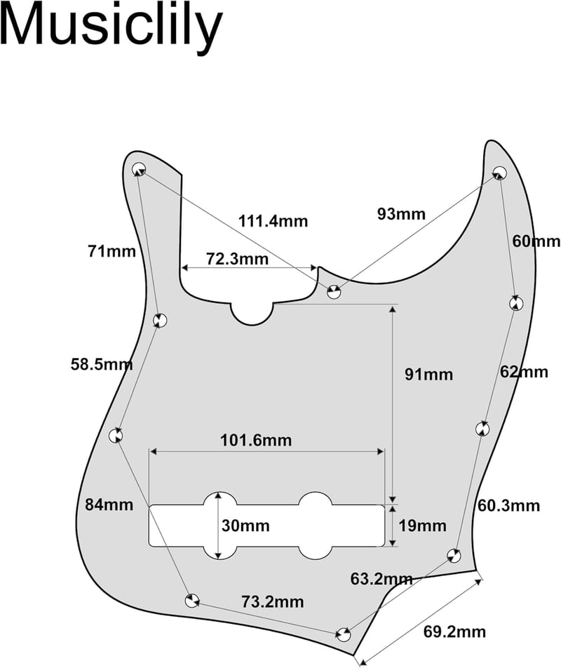 Musiclily Pro 5 húros Jazz Bass pickguard fekete 3 rétegű Fender kompatibilis