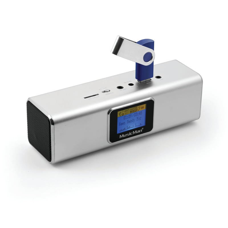 Prenosný stereo reproduktor MusicMan TXX3546 s LCD displejom, MP3 prehrávačom, FM rádiom, USB a MicroSD slotom, vstavanou batériou, hliníkový