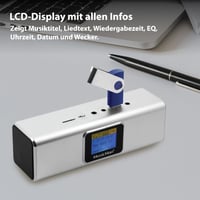 Prenosný stereo reproduktor MusicMan TXX3546 s LCD displejom, MP3 prehrávačom, FM rádiom, USB a MicroSD slotom, vstavanou batériou, hliníkový 6