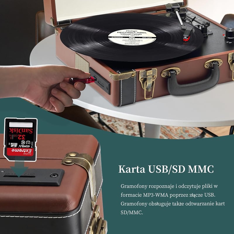 MUSITREND Bluetooth Gramofon Bőrönd Vintage Lemezjátszó USB SD Aux RCA