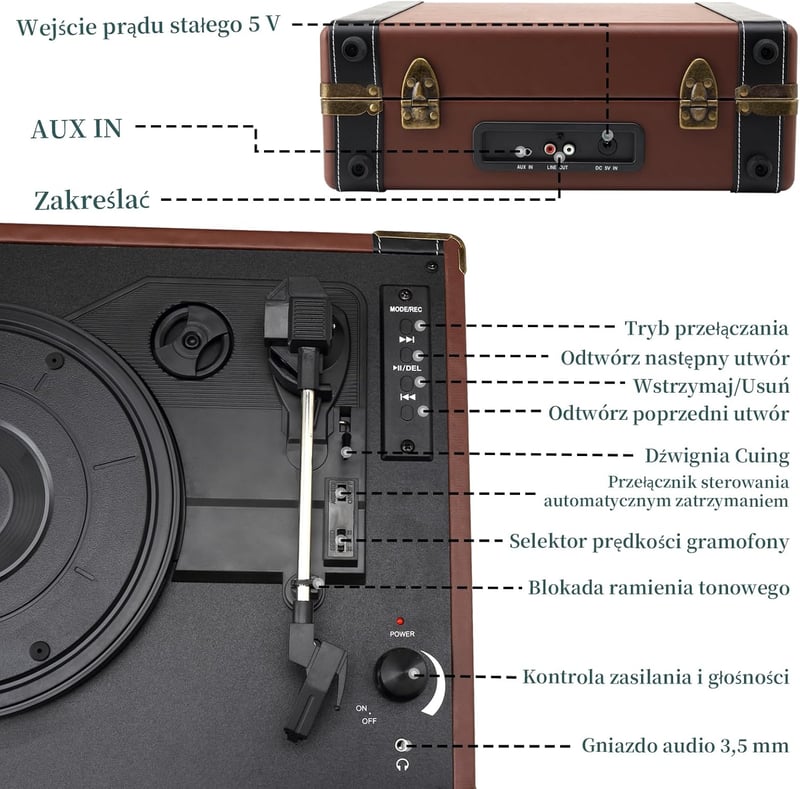 MUSITREND Bluetooth Gramofon Bőrönd Vintage Lemezjátszó USB SD Aux RCA