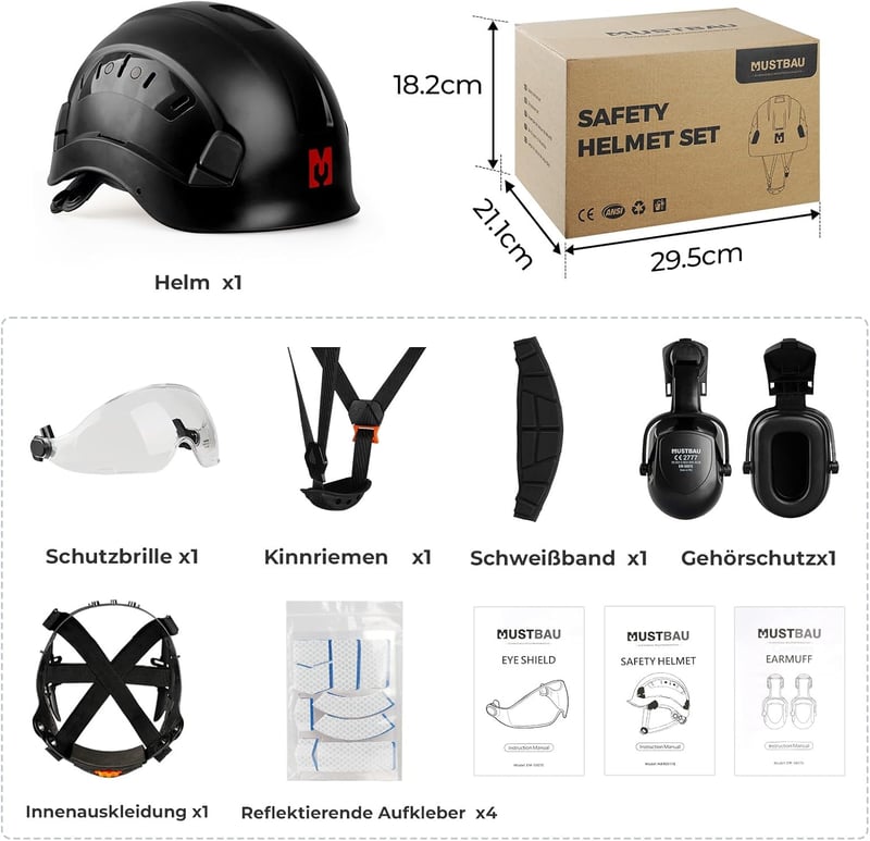 Mustbau EN397 Védősisak Fülvédővel és Arcvédővel 53-63cm Állítható - Black
