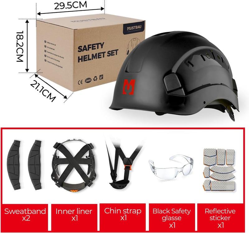 Mustbau EN397 Védősisak Páramentes Szemüveggel, Állítható 53-63cm, ABS Anyag - Black