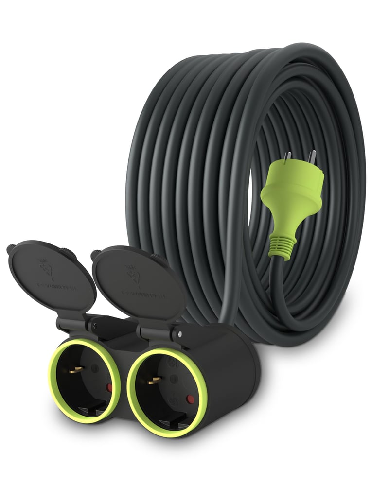 Predlžovací kábel MutecPower 15 m s 2 zásuvkami Schuko pre vonkajšie použitie IP44 H05RR-F3G 1,5 mm² dvojitá zásuvka čierny/zelený