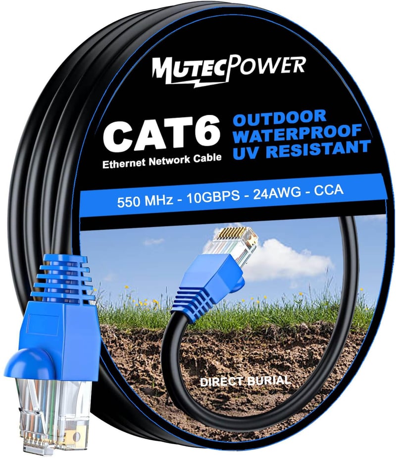 MutecPower CAT6 vonkajší vodotesný ethernetový sieťový kábel 15 m – UTP – CCA – 550 MHz – čierny – vhodný na priame uloženie do zeme – s káblovými páskami