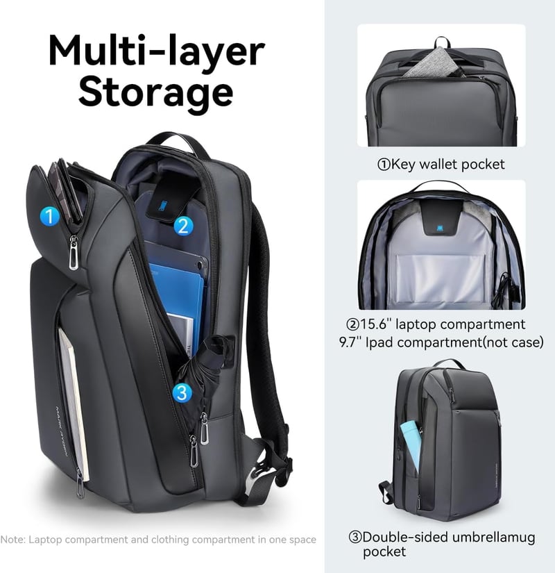 Muzee Bővíthető Üzleti Hátizsák 25L-35L Kapacitással, 15,6" Laptoptartóval, Vízlepergető Anyagból, Szürke, Városi Utazásokhoz