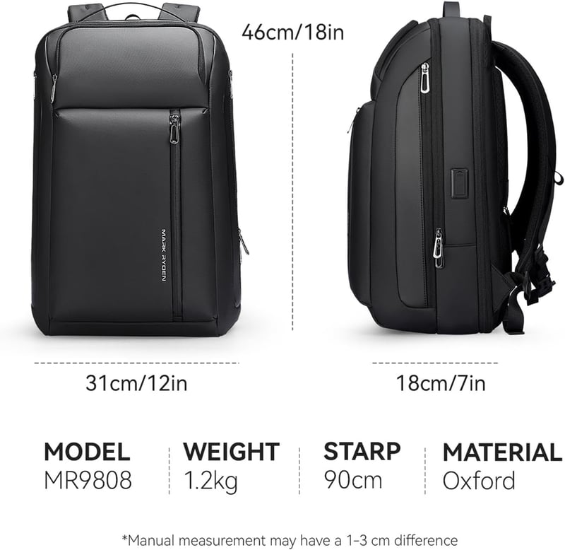 Muzee Bővíthető Üzleti Hátizsák 25L-35L Kapacitással, 15,6" Laptoptartóval, USB-C Porttal - Vízlepergető Fekete Férfi Utazótáska Városi Kirá
