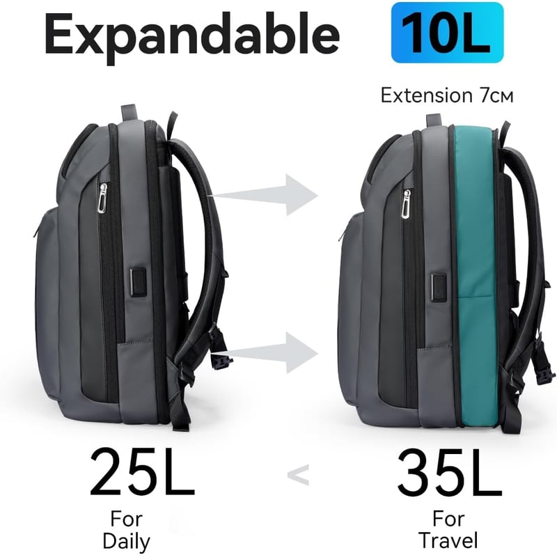 Muzee Bővíthető Üzleti Hátizsák 25L-35L Kapacitással, 15,6" Laptoptartóval, Vízlepergető Anyagból, Szürke, Városi Utazásokhoz