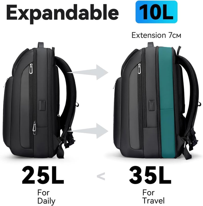 Muzee Bővíthető Üzleti Hátizsák 25L-35L Kapacitással, 15,6" Laptoptartóval, USB-C Porttal - Vízlepergető Fekete Férfi Utazótáska Városi Kirá
