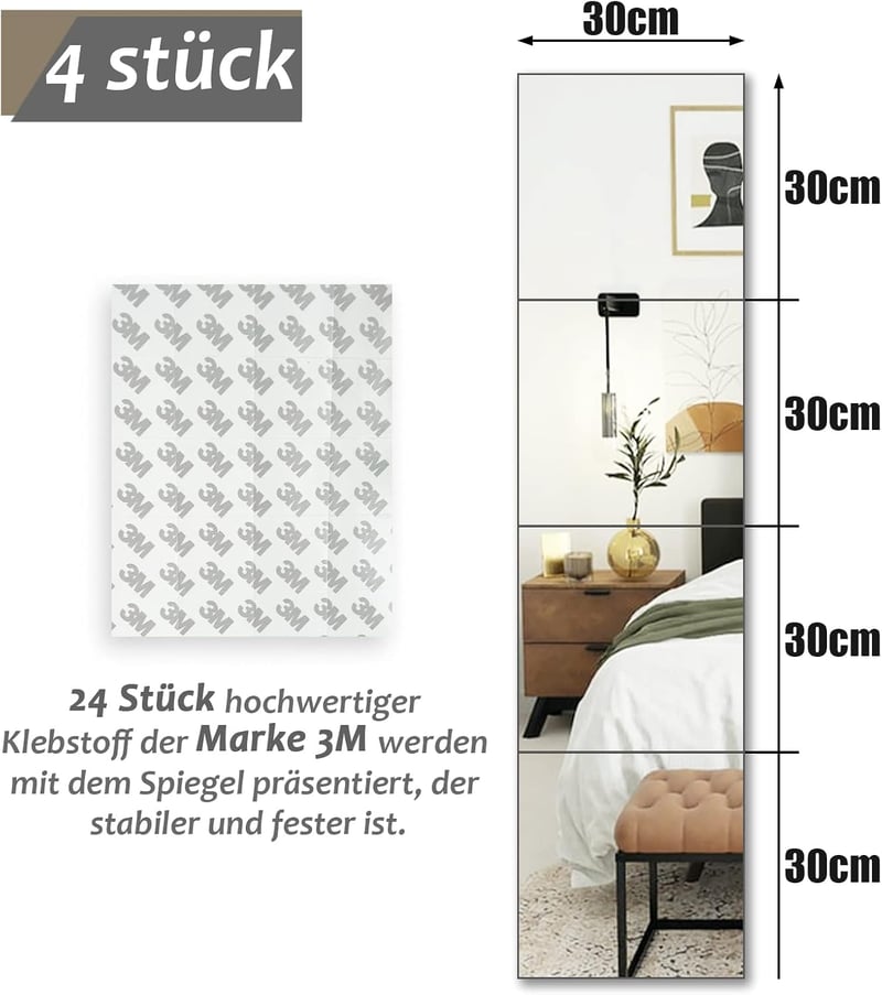 Muzilife Üveg Tükör Csempék 4 Darabos Szett 30x30 cm Öntapadós Matracokkal, HD Fali Tükör Készlet Konyhába Nappaliba Fürdőszobába