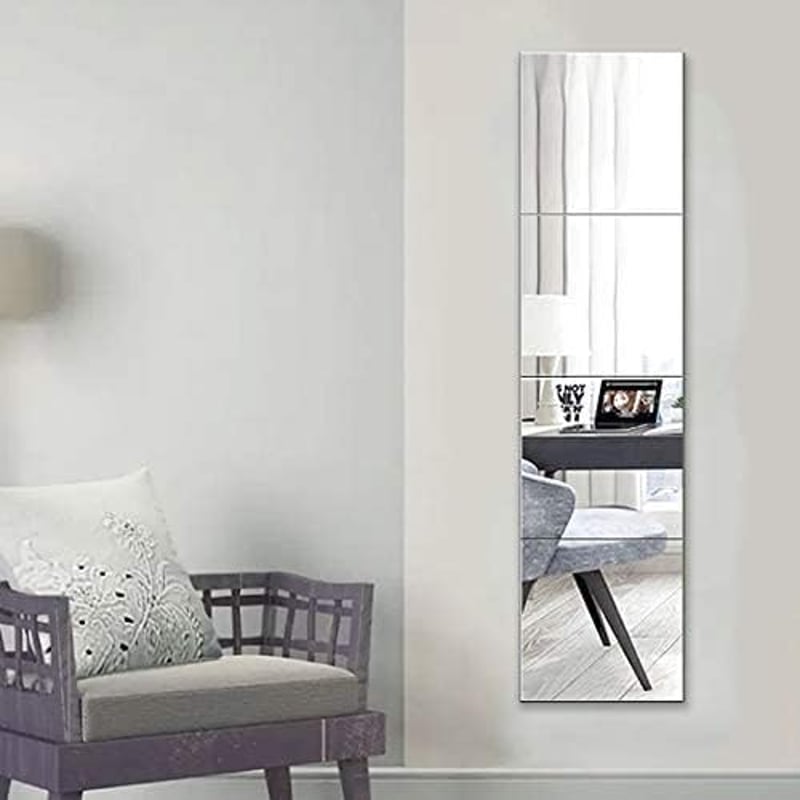 Muzilife Üveg Tükör Csempék 4 Darabos Szett 30x30 cm Öntapadós Matracokkal, HD Fali Tükör Készlet Konyhába Nappaliba Fürdőszobába