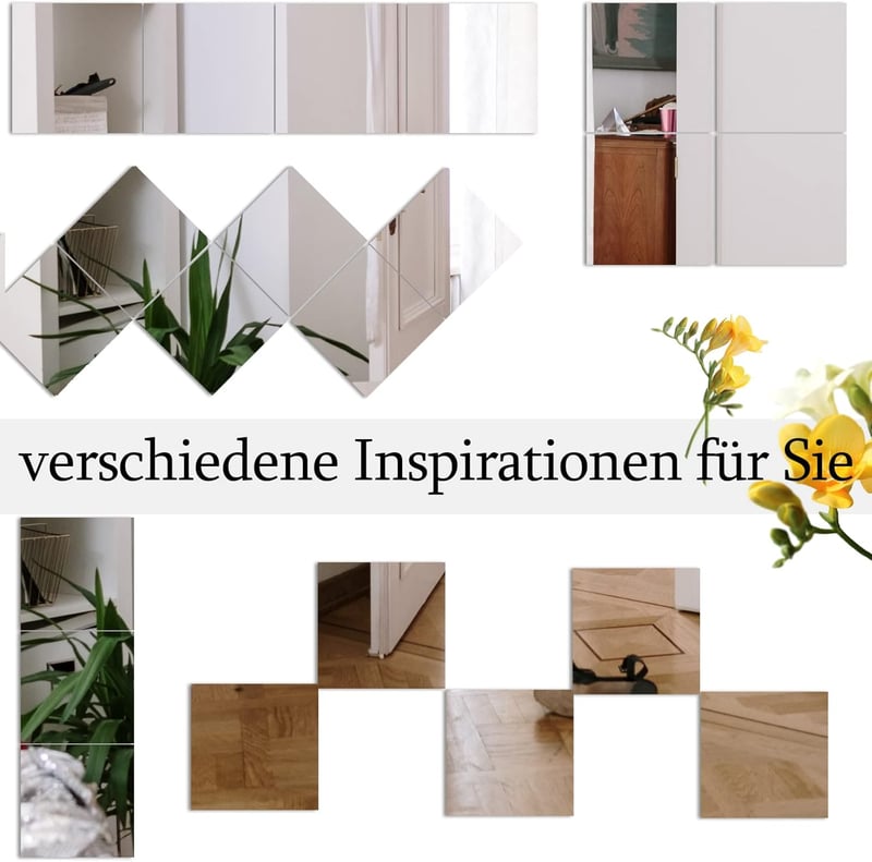 Muzilife Üveg Tükör Csempék 4 Darabos Szett 30x30 cm Öntapadós Matracokkal, HD Fali Tükör Készlet Konyhába Nappaliba Fürdőszobába