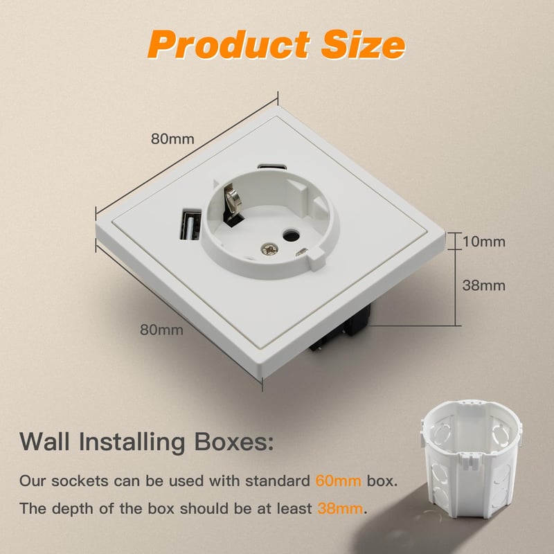 MVAVA EU Szabványú Süllyesztett Konnektor USB-C Csatlakozóval, 80×80mm, Fehér, Egyszerű Telepítés, Hűtő/TV Kompatibilis