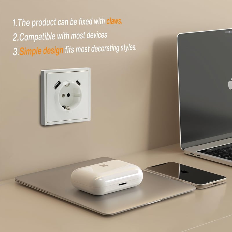 MVAVA EU Szabványú Süllyesztett Konnektor USB-C Csatlakozóval, 80×80mm, Fehér, Egyszerű Telepítés, Hűtő/TV Kompatibilis