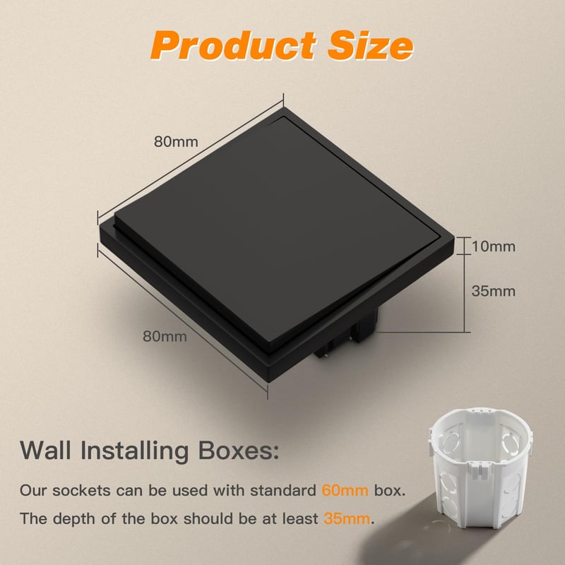 MVAVA M2 Süllyesztett Villanykapcsoló - Egypólusú Fekete Fali Kapcsoló 80x80mm, 10A, 250V, Modern Dizájn Nappaliba, Konyhába, Fürdőszobába