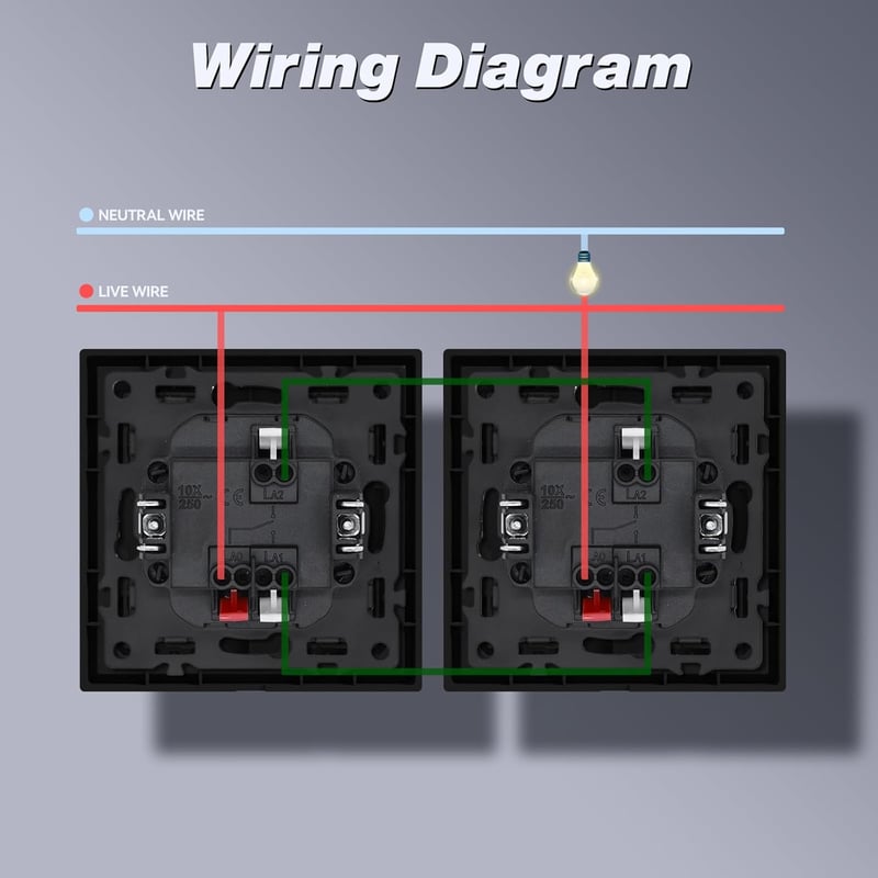 MVAVA M3 Egypólusú Kétirányú Süllyesztett Villanykapcsoló LED Jelzőfénnyel, Rugós Csatlakozás, 80x80mm, Fekete, 16A
