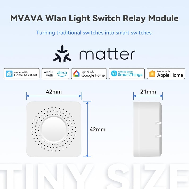 MVAVA Matter Kompatibilis Mini WiFi Okoskapcsoló Relé Modul - Intelligens Otthon Átalakító Alexa, Google Home és Home Assistant Támogatással