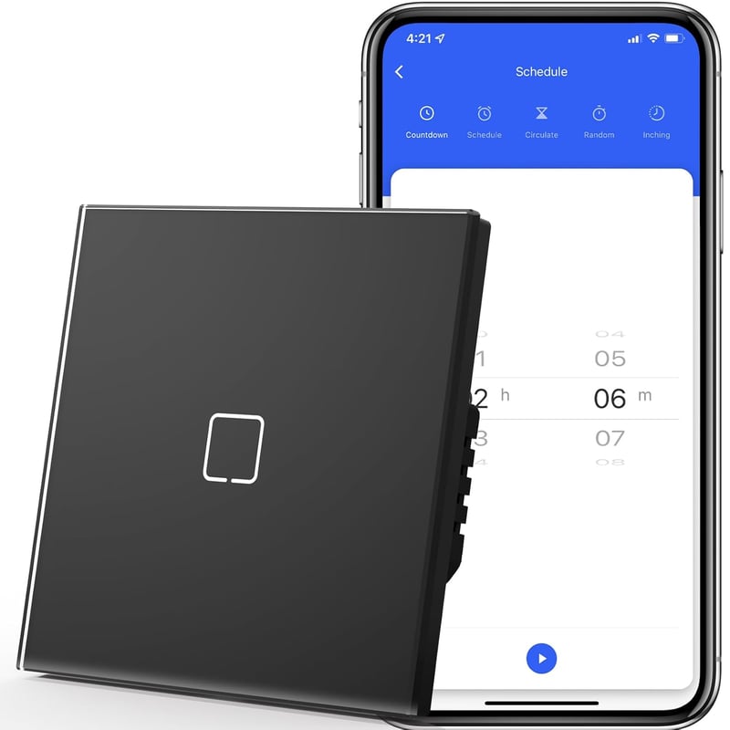 MVAVA WiFi Érintőkapcsoló - Okos Fali Villanykapcsoló Alexa/Google Home Kompatibilis, Tuya/Smart Life App Vezérlés, Fekete Üveg, 1-Utas