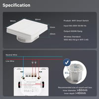 MVAVA WiFi Okos Fali Kapcsoló - Alexa, Google Home és Tuya Kompatibilis, Kétgombos Egypólusú Süllyesztett Kivitel, Fehér, 86mm, 250V 2