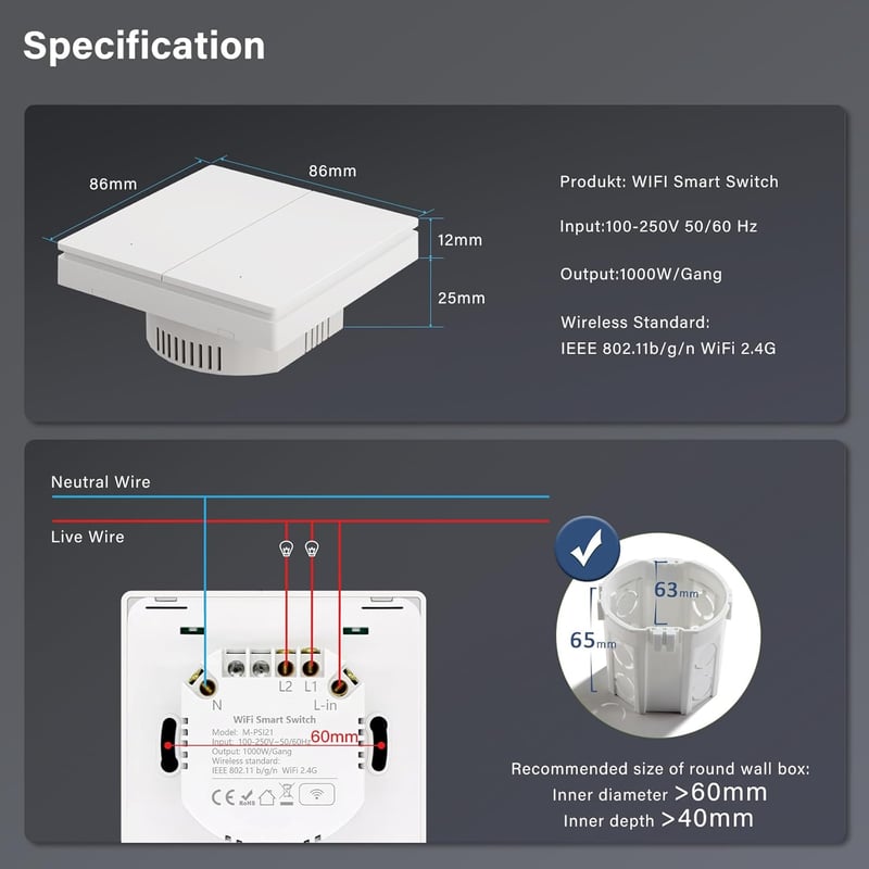MVAVA WiFi Okos Fali Kapcsoló - Alexa, Google Home és Tuya Kompatibilis, Kétgombos Egypólusú Süllyesztett Kivitel, Fehér, 86mm, 250V