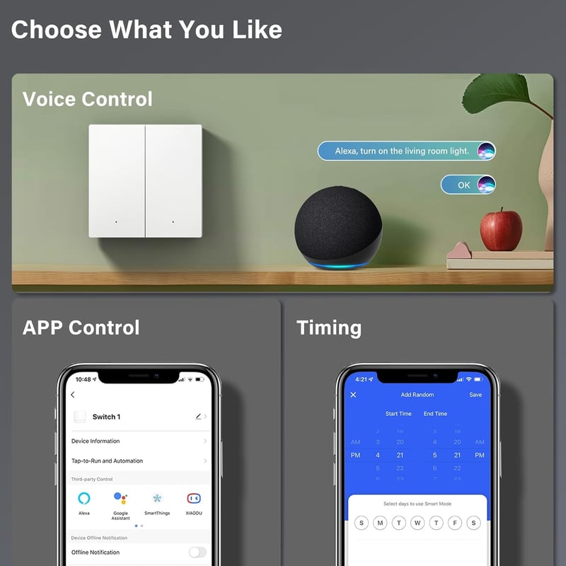 MVAVA WiFi Okos Fali Kapcsoló - Alexa, Google Home és Tuya Kompatibilis, Kétgombos Egypólusú Süllyesztett Kivitel, Fehér, 86mm, 250V