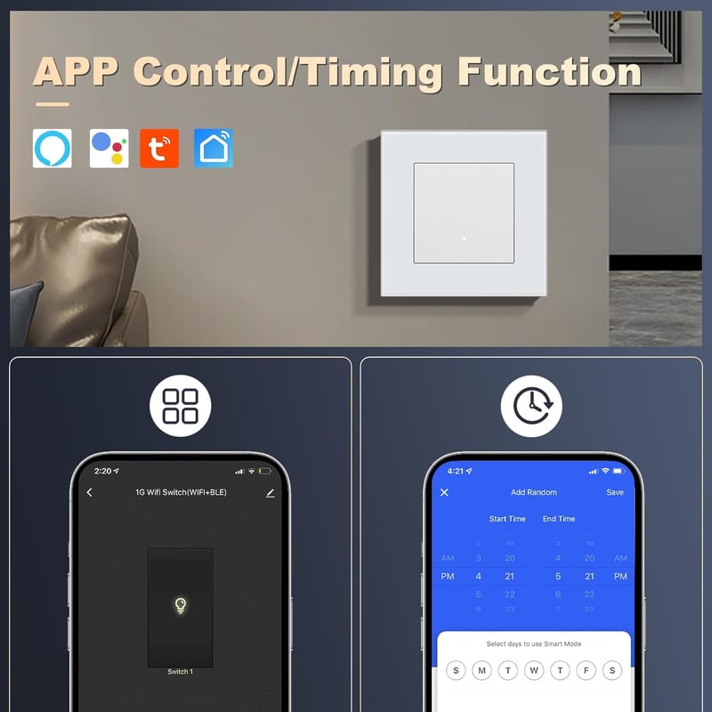 MVAVA WiFi Okos Villanykapcsoló - Alexa/Google Home Kompatibilis, Süllyesztett Üveg Panel, Tuya/Smart Life App Vezérlés, 1-Utas Fehér