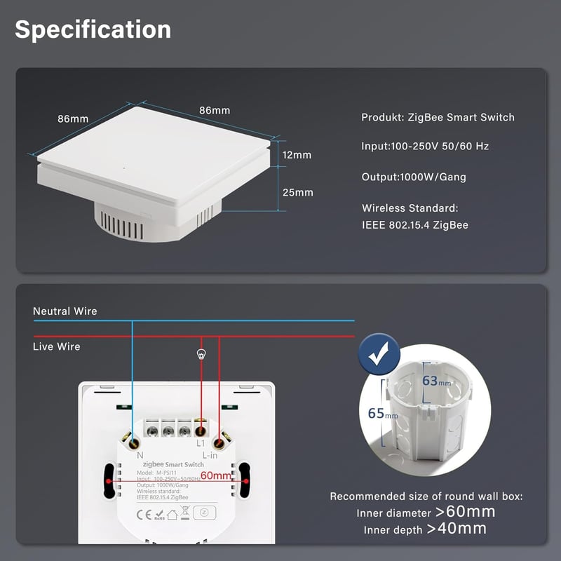 MVAVA ZigBee Okos Fali Kapcsoló, Alexa és Google Home Kompatibilis, Tuya Vezérelhető, 86mm Süllyesztett Kivitel, Fehér, Egypólusú