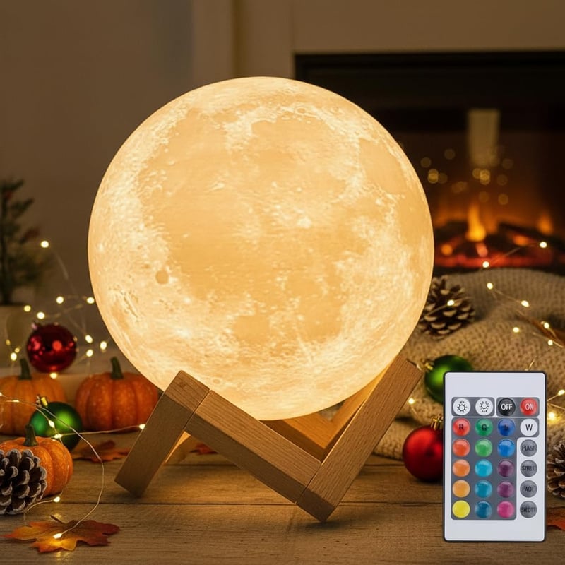 Mydethun 16 Színű Hold Lámpa Fa Talppal - 3D LED Éjszakai Fény Távirányítóval