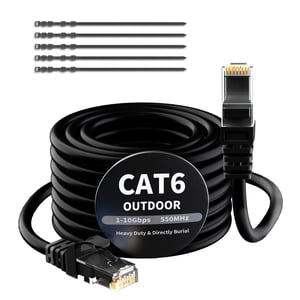 Cablu Ethernet de exterior Mygatti Cat 6, 7,5 m, Negru, cablu de rețea RJ45, rezistent la apă, compatibil cu camere PoE, router, modem, cu 25 de bride de fixare incluse