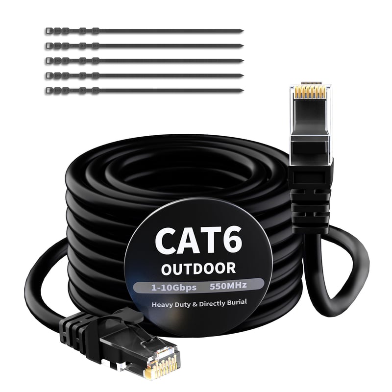Mygatti Cat 6 Kültéri Ethernet Kábel 7,5 m Fekete RJ45 Hálózati Kábel Vízálló PoE Kamera Router Modem Kompatibilis 25 Kábelkötegelővel