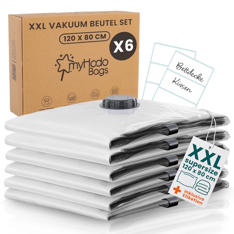 Set saci de vidat myHodo XXL (6 buc, 80x120 cm) Saci de vidat extra mari pentru pilote, lenjerii de pat și haine, saci de depozitare practici