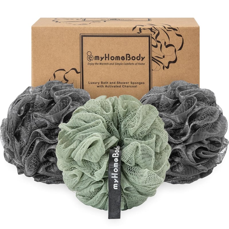 myHomeBody 70g Loofah Fürdőszivacs Szett 3db Aktivszénnel Grafitszürke és Zöld
