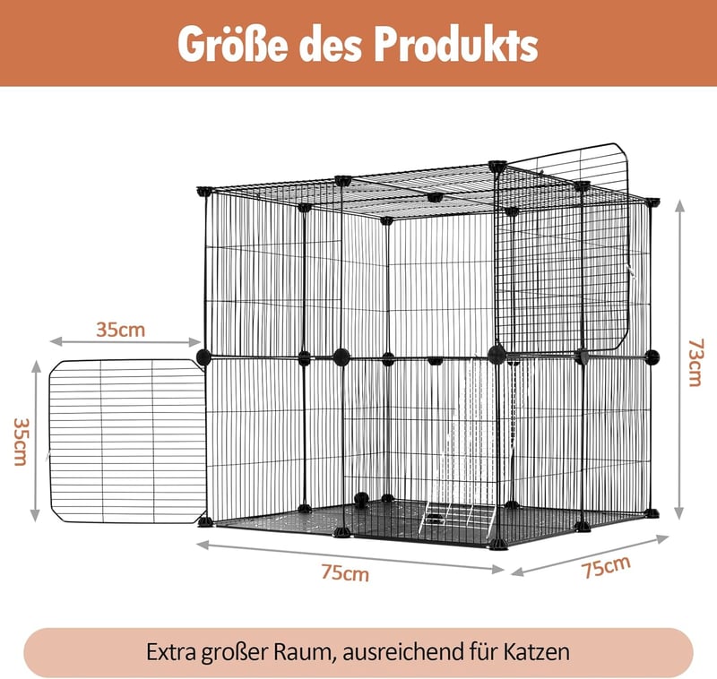 MYOYAY Kültéri Nagy Macska Ketrec 75x75x73 cm - 2 Szintes Fém Kifutó, Fekete, Hordozható, Szétszerelhető, Erkélyre és Kertbe
