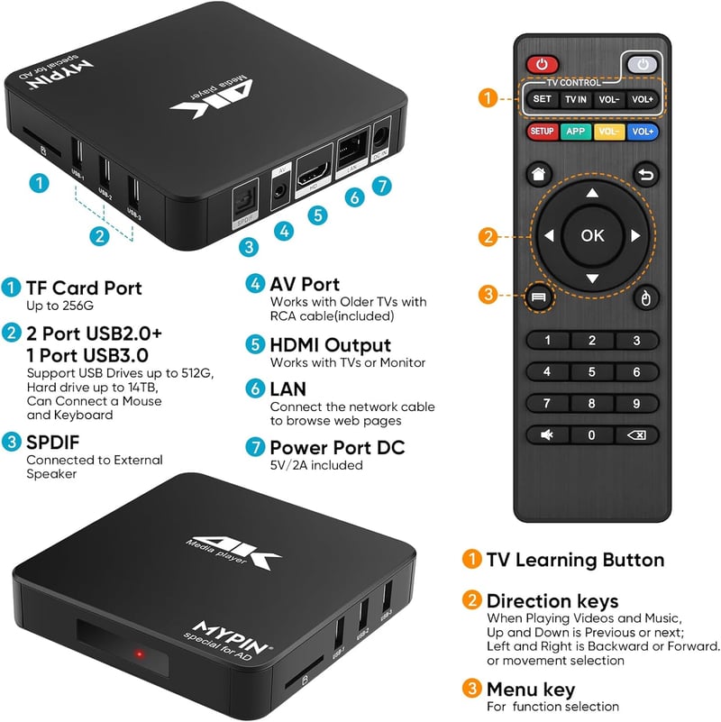 MYPIN 4K 60Hz médialejátszó 8TB HDD/256GB USB/SD kártyához HDMI AV kimenettel