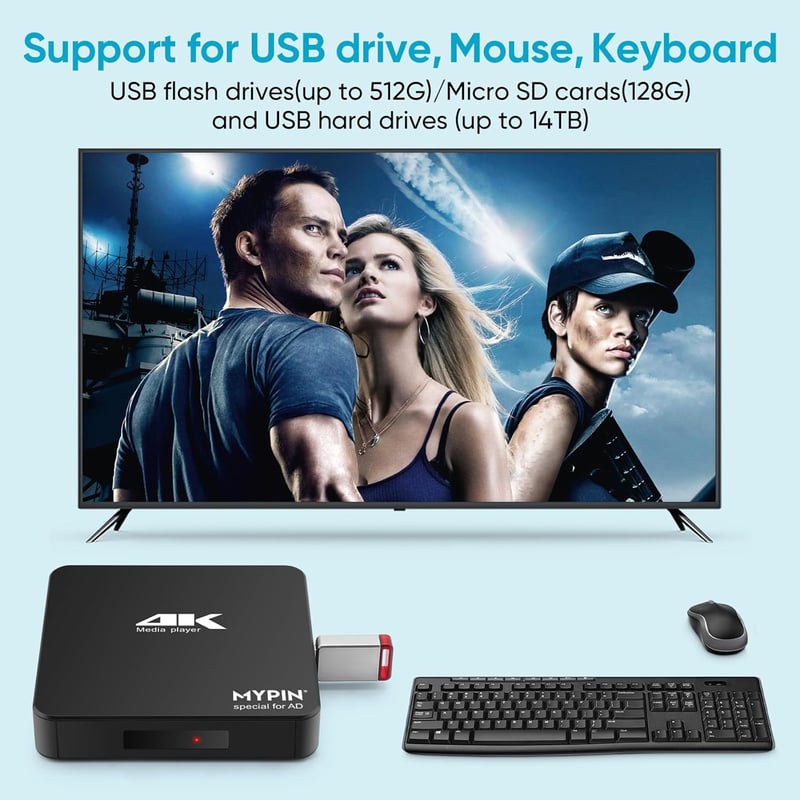 MYPIN 4K 60Hz médialejátszó 8TB HDD/256GB USB/SD kártyához HDMI AV kimenettel